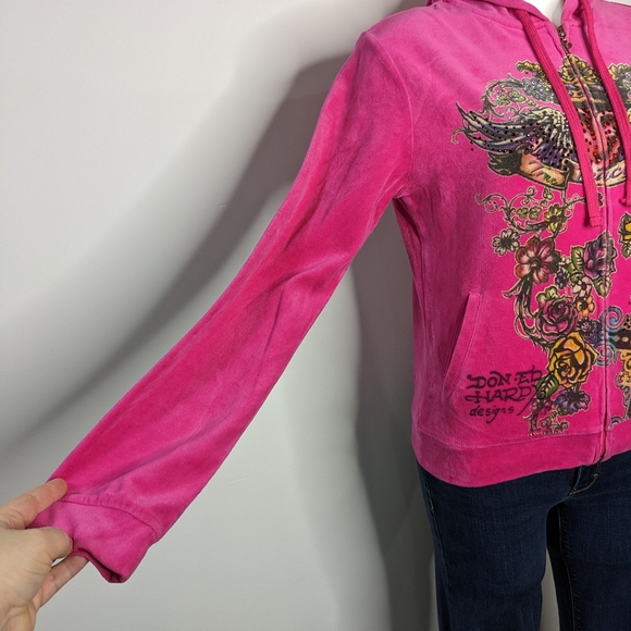 Ed Hardy Y2K pink velvet rhinestone heart wings flowers zip up hoodie L - Picture 5 of 11